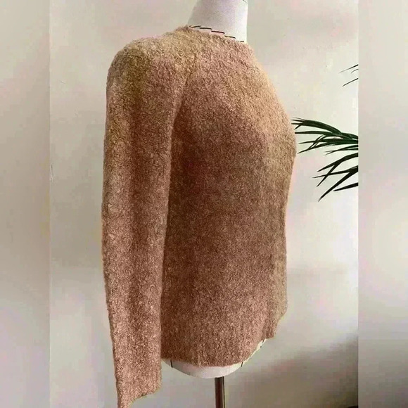 Mango Basics Warm Tan Faux Shearling-Look Sweater XS | Beige Pullover Crew Neck - Picture 3 of 7